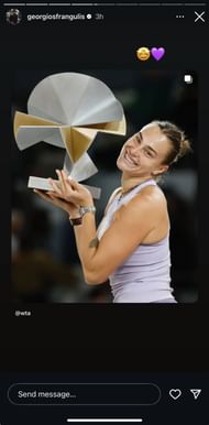 Frangulis' Instagram Story featuring Sabalenka celebrating with the 2025 Madrid Open women's singles trophy (Source: Instagram/georgiosfrangulis)